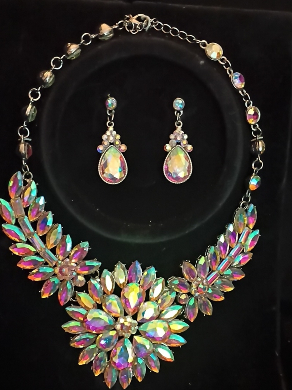 Aurora Crystal Statement Necklace and Drop Earrings Set - Iridescent